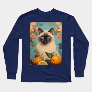 Retro Vintage Citrus Himalayan Cat Design | Unique Art Print Long Sleeve T-Shirt